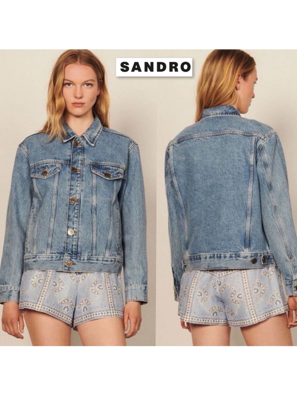 NEW SANDRO Iris Denim Jean Jacket 34 XS Blue Bandana Print Lining Boxy Classic